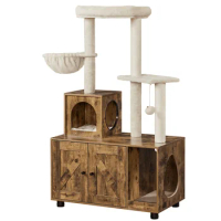 Wooden Litter Box Enclosure with Cat Tree Tower,Rustic Brown/Beige