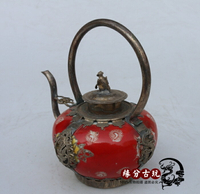 古玩收藏品瓷器 古典家居裝飾品包銀紅色瓷壺 水壺 酒壺 銅茶壺1入