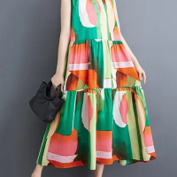 XITAO Sleeveless Stand Collar Print Dress Casual Fashion Loose Folds Splicing Women Summer Simplicity New Dress WLD11630