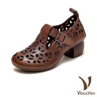【Vecchio】真皮跟鞋 粗跟跟鞋 T字跟鞋/真皮頭層牛皮幾何縷空T字釦帶造型粗跟鞋(棕)