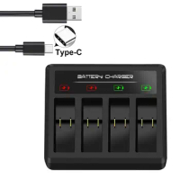4-Channel USB Charger with Type-C Port with GoPro Hero 8 Black Hero7 Hero6 Hero5 Hero2018 camera 4 Slots camera charger