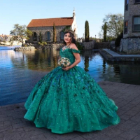 Sparkly Green Quinceanera Dress 2024 Ball Gown Off Shoulder Appliques Beaded Mexican vestidos de 15 quinceañera