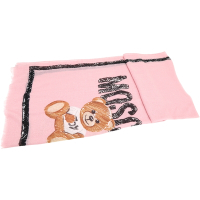 MOSCHINO 泰迪熊字母手繪筆觸印花粉色純羊毛披肩 圍巾(200x80)