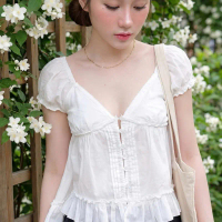 Áo sơ mi nữ cổ V tay con tà phối bèo TABISHOP Áo kiểu nữ dễ thương gợi cảm mặc hè(302)