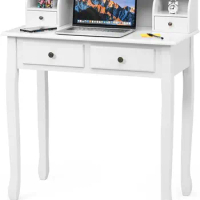 Small Writing Desk w/ Removable Hutch, 2-Tier Vanity Table w/ 4 Drawers, 3 Cubbies &amp; Pine Wood Legs, Study Computer Desk (White)