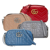 【GUCCI 古馳】經典GG Marmont系列仿舊金色LOGO牛皮肩背斜背相機包(多色)