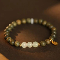 [SPRINTT] SL010 Gelang Kayu Cendana Hijau Giok Putih Liontih Fu Emas Kebahagiaan Gelang Tangan Pria 