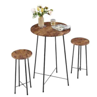 Round Pub Dining Furniture Set with 2 Barstools 3-Piece Counter Height Table and Chairs Small Spaces Rustic Brown Wood Top