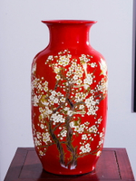 景德鎮陶瓷器落地大花瓶擺件插花中國紅色中式家居客廳高裝飾品梅