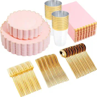 210pcs Pink Plastic Dinnerware Set Pink and Gold Plastic Plates Pink Paper Napkins with Gold Foil Include Bridal Shower