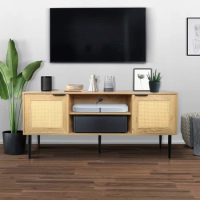 Wooden TV Stand for TVs up to 65 Inches,with 2 Rattan Decorated Doors and 2 Open Shelves,Living Room , Natural Color