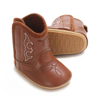 [COD] Western Style Brown Baby Cowboy Boots Embroidered Pattern Warm Soft Sole Toddler First Walker 