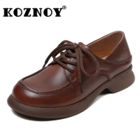 Koznoy 3.5cm Natural Genuine Leather Ethnic Round Toe Work Comfy Slipper Plus Size Breathable Walking Native Flats Shoes Women