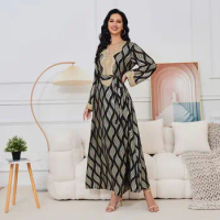 Abaya for Women Dubai Arab Apparel Women's V-neck New Gold Plated Long Sleeves Fashion Dress Islam Ramadan Gurban Clothing