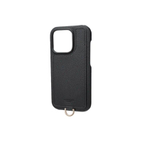 【Gramas】iPhone 14 Pro 6.1吋 Shrink 時尚工藝 吊繩皮革手機殼(黑)