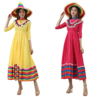 Halloween Adult Mexican National Party Dress Stage Holiday Party Day of The Dead Cosplay Costume Long Sleeve Dress Clothes