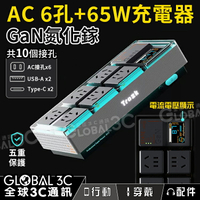 AC 6孔+65W充電器 GaN氮化鎵 極速快充 USB Type-C 可同時輸出 RGB燈效 10個接孔【APP下單最高22%回饋】