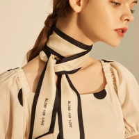 100% Natural Mulberry Silk Long Scarf Alphabet Neckerchief Hair Ties Bag Ribbons Headband Hair Ornament Female Strip Scarves