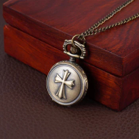 Small bronze pocket watch Solid cross quartz pocket watch with necklace Wall watch Vintage pocket watch
