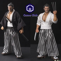 1/12 Male Soldier Low-key Exposed Pectoral Muscle Japanese Samurai Kimono Top Striped Pants Set For 6in MEZCO Action Figure Body