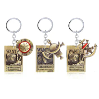 Anime One Piece Wanted Keychains Luffy Hat Whitebeard Edward Newgate Thousand Sunny Metal Car Key Rings Pendants Figure Gifts