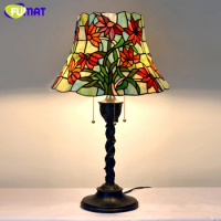 FUMAT Table Lamp Vintage Stained Glass Light Fixtures Flower Lampshade Lampe Living Room Hotel Book Store Bar Decor Table Lights