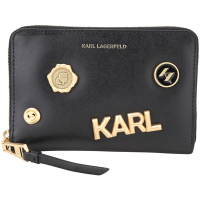 KARL LAGERFELD K/Seven 徽章鈕釦飾牛皮拉鍊中長夾(黑色)