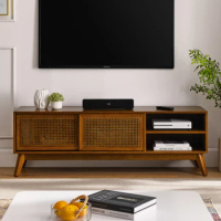59 inch mid-century modern rattan tv cabinet for 65 inch TV, entertainment cabinet, living room bedroom media console