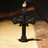 黑曜石十字架項鏈男女復古簡約百搭小眾設計情侶吊墜飾品掛件禮物