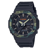G-SHOCK 經典八角造型個性亮眼雙顯休閒錶-黑X綠迷彩(GA-2100SU-1A)/45.4mm