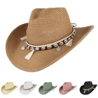 Summer Straw Hat Tassels Beach Shell Lady Sun Caps Cowboy Hat Straw Hats UV Protection Sun Hat Adjustable Lightweight Hat