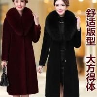 Mink Fur Coat Women Winter Thickened Fox Fur Collar Anti Fur Coat Long Mink Fur For Middle-Elderly Mothers Fur Outwear Purple