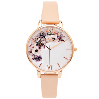 OLIVIA BURTON 華麗花香款皮革錶帶手錶(OB16PP30)-白面/38mm