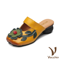 預購 Vecchio 真皮頭層牛皮可愛小花方頭舒適包頭粗跟拖鞋(黃)