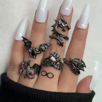 5pcs/set Cool Punk Exaggerated Adjustable Gothic Bat Women Ring Korean Style Ring Dragon Ring