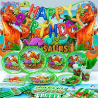 Dino Party - Boy Birthday Party Decoration Tableware Dinosaur Balloons Paper Straw Party Decor Jungle Banner Candy Box