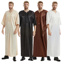 Satin Muslim lelaki sulaman Jubba jubah jubah arab Muslim baju islam arab Kaftan Dubai Abaya pakaian Eid Ramadan pakaian