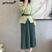Autumn Winter Two Piece Set for Women Contrast Color Elegant Fashion Belt Office Lady Business Casual Blazer Pleated Midi Skirts