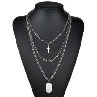Multilayers Gothic Stainless Steel Hip Hop Punk Lock Cross Pendant Necklaces Tag Chain link Necklaces for women men Jewelry Gift