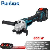 Ponbos 125mm Brushless Angle Grinder 4-speed Cordless Sanding Machine Woodworking Cutting Power Tools For Makita 18V Battery