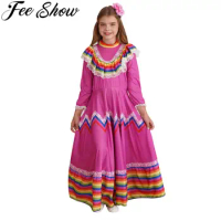 Kids Girls Mexican Style Costume Traditional Jalisco Dresses Carnival Festival Folklorico Dance Celebrations Performance Dress