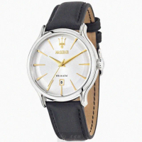 【MASERATI 瑪莎拉蒂】MASERATI手錶型號R8851118002(白色錶面銀錶殼深黑色真皮皮革錶帶款)