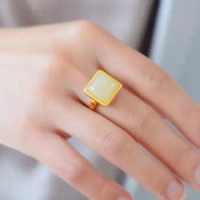 Natural Hetian Jade S925 Sterling Silver Ring Ancient Gold Craft Adjustable Mouth Size Square Plate Female Ring Ring