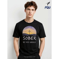 FQU Sober By His Grace AA Recovery Kaos Pria Kristen, Sablon Kaos Pria untuk Halloween & Natal Katun