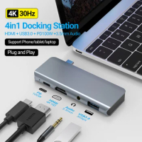 4-in-1 USB C Docking Station Multi-Port Laptop Dock Hub with 4K HDMI 100W PD USB3.0 3.5mm Audio For iPad Pro Air 5 iPad Mini 6