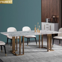FSUBEST Luxury Marble Kitchen Dining Table 6 Chairs Set Stainless Steel Gold Frame Dinner Tables Chair Mesa De Jantar 6 Cadeiras