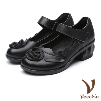 【Vecchio】真皮涼鞋 粗跟涼鞋/真皮手工立體花朵造型魔鬼粘粗跟涼鞋(黑)