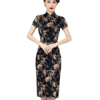 Silk Women Cheongsam Print Flower Chinese Traditional Dress Retro Vintage Button Qipao Sexy Formal Party Gown Orient Vestidos