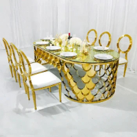 Wedding furniture modern design glass top fish scale gold luxury dining table set 8 seater modern
