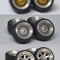 3 Sets Alloy Wheels 1/64 w Rubber Tires BBS RS/TE37 7.5mm 8.5mm Golden/Chrome Polishing Wheel Hub for 1:64 Mini Toy Cars
